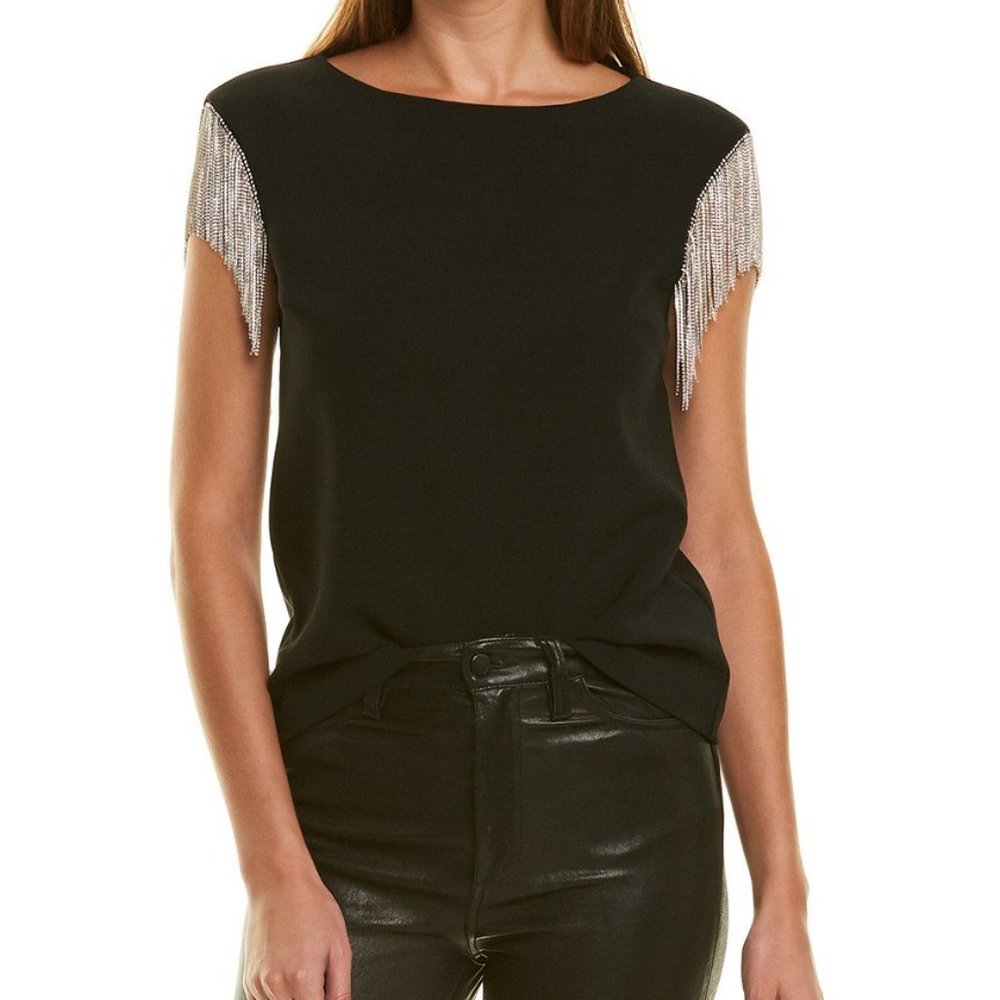 TRINA TURK Alinda Top Sz L Black w rhinestone sleeves blouse shirt